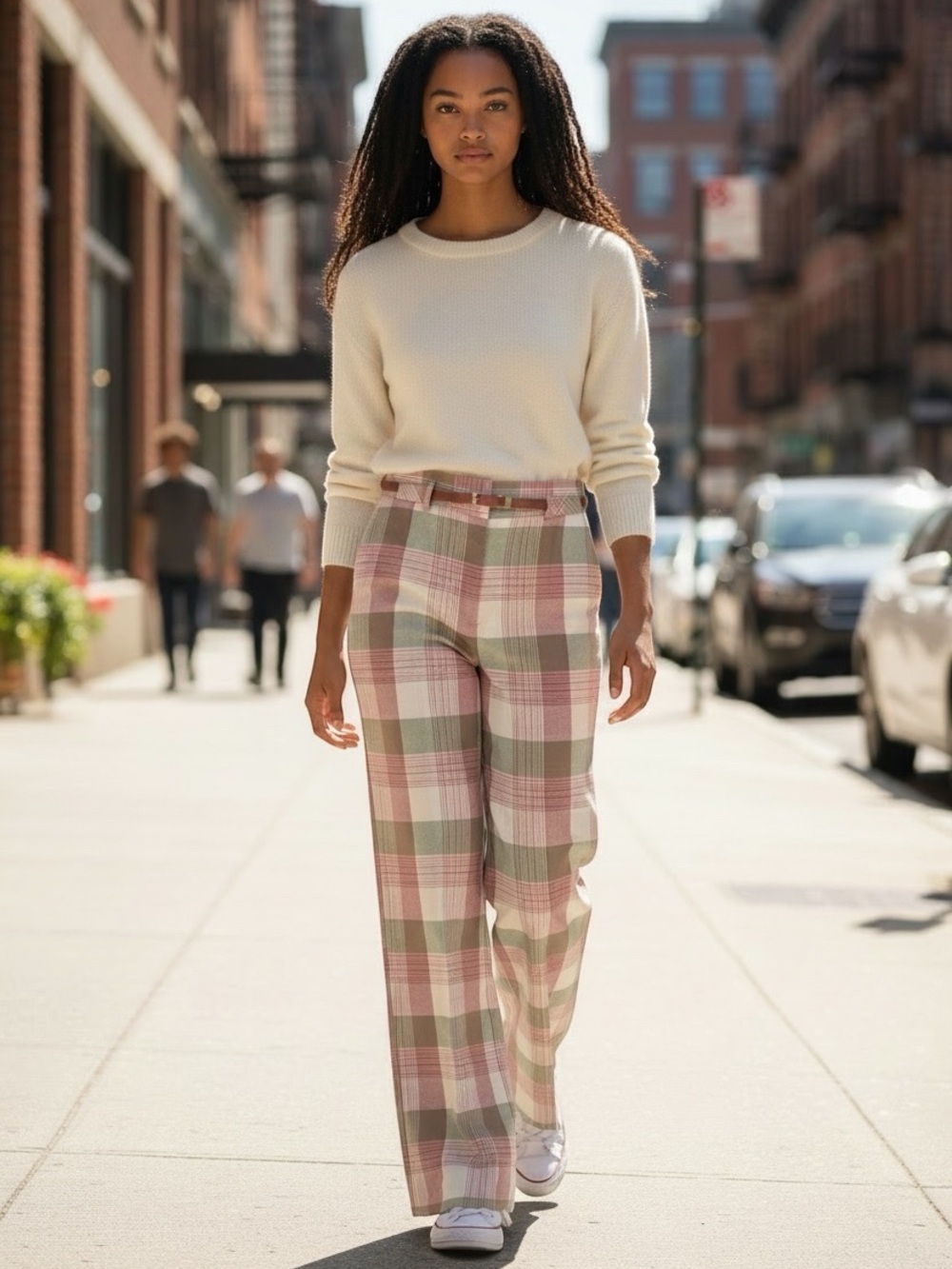 VINTAGE HIGH WAIST PINK & GREEN PLAID WIDE LEG PANTS WITH BELT SZ 9 NWT